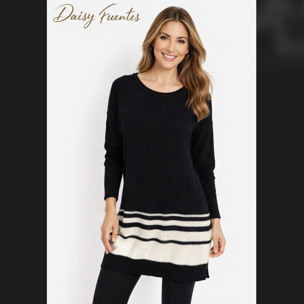 Daisy Fuentes Tunic Sweater XL Black White Stripe Rib Knit Crew Neck Pullover